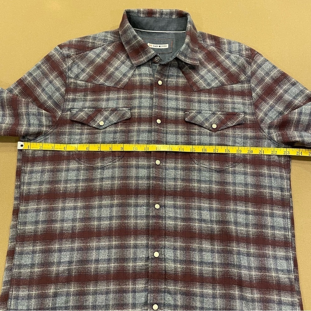 32 Bar Blues 100% Cotton Plaid Pearl Snap Button Down Shirt Size Large - Picture 7 of 13